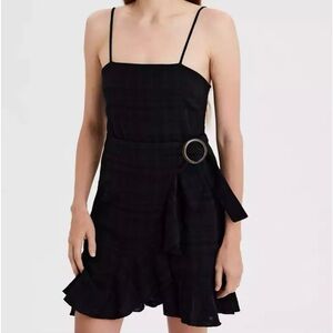 American Eagle, Size M, Mini wrap dress, ruffle hem, brown round waist buckle